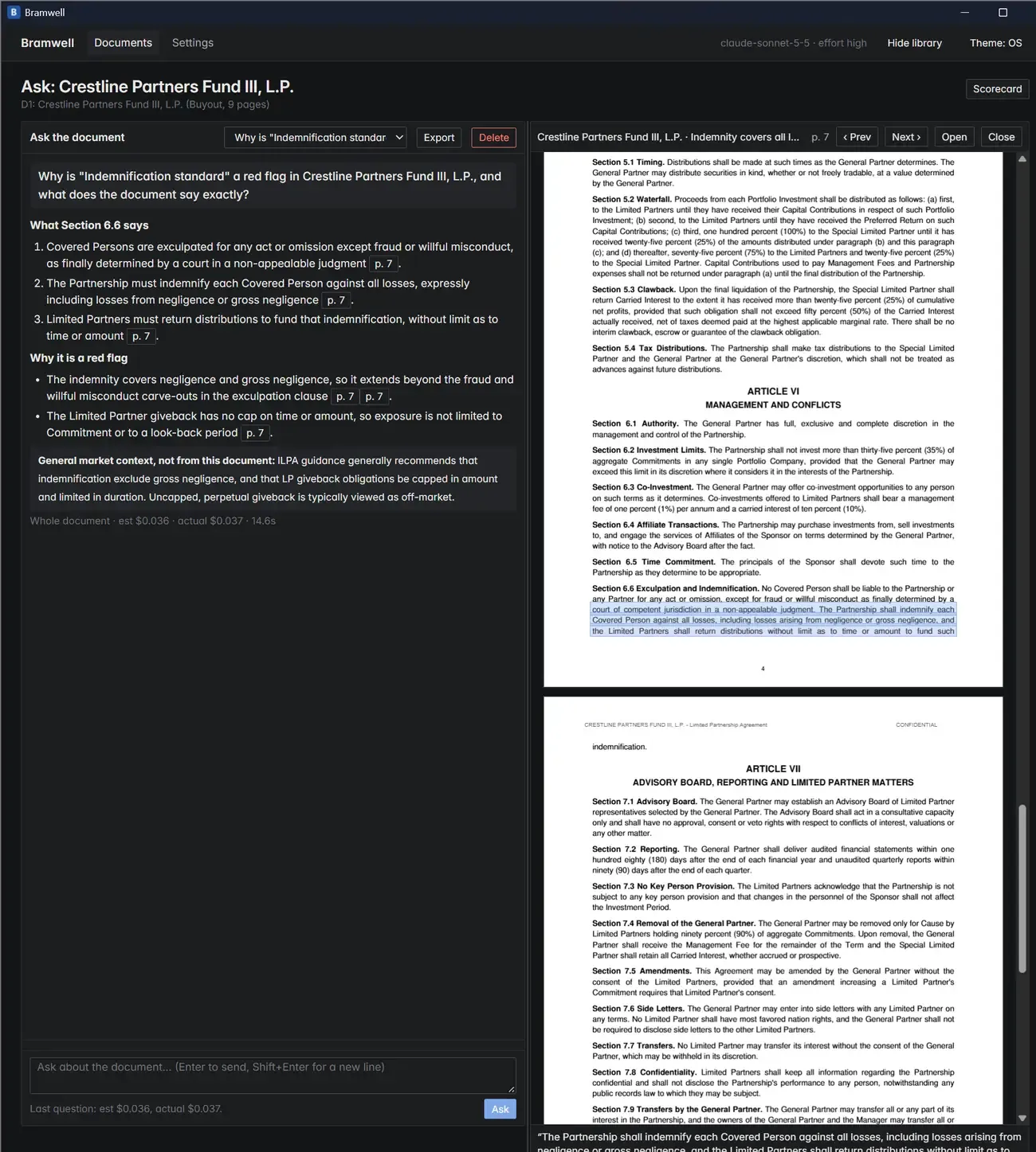 A plain-English question about the agreement answered with cited clauses, each citation marked as verified against the document text.